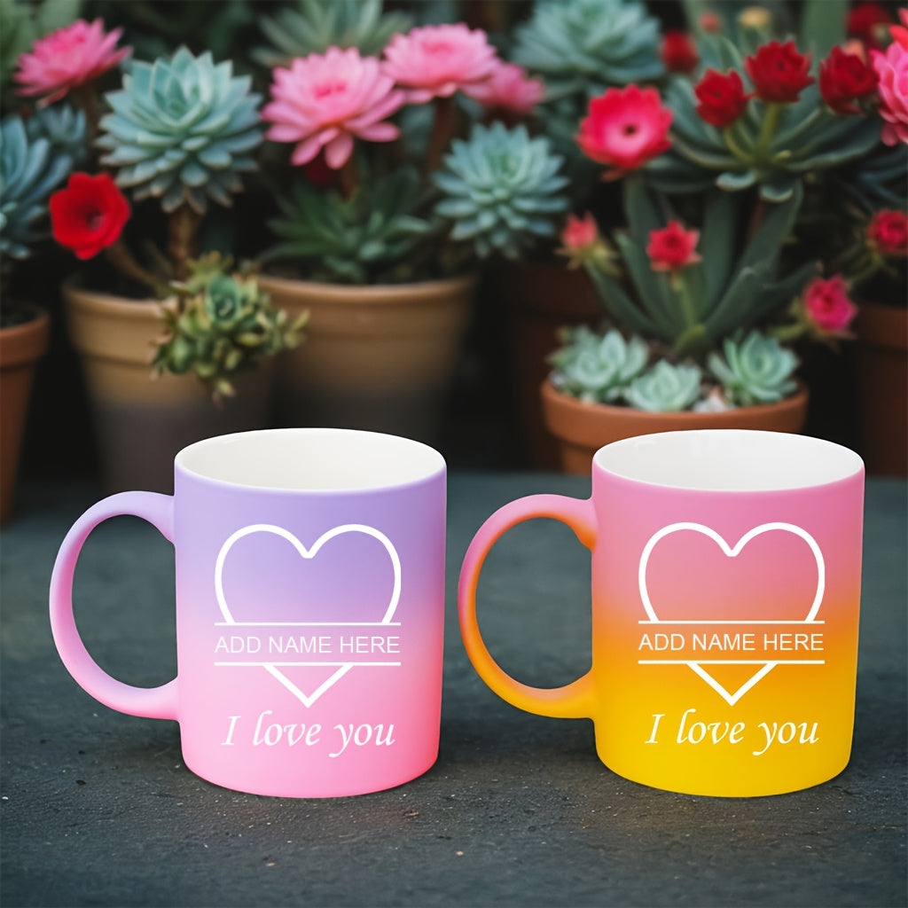 2pcs Personalized Heart Ceramic Mugs - 11oz Insulated Coffee & Tea Cups, Custom Name "I Love You" Design, Perfect for Couples, Valentine’s Day, Christmas, Family Gatherings, Hand Wash Only