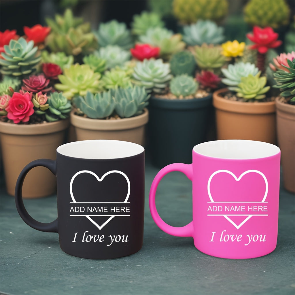 2pcs Personalized Heart Ceramic Mugs - 11oz Insulated Coffee & Tea Cups, Custom Name "I Love You" Design, Perfect for Couples, Valentine’s Day, Christmas, Family Gatherings, Hand Wash Only