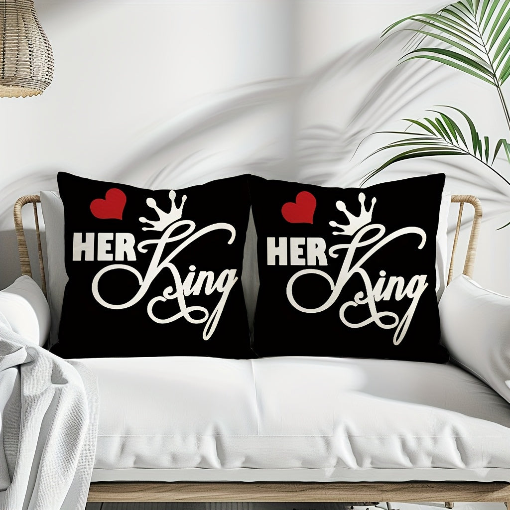 2pcs, Lovers Throw Pillow Covers, Hearts, Crowns, Valentine's Day gifts, Pillowcases for Couples, Wedding Anniversary Gifts, Home Decor for Couch Sofa Living Room Bedroom, Set Of 2, 44.96*44.96cm, Without Pillow Inserts