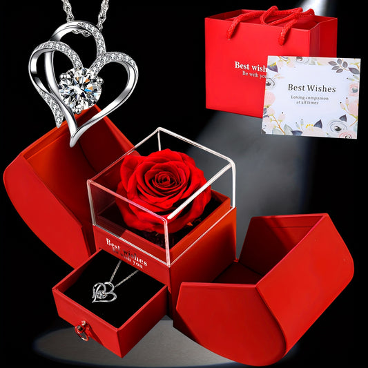 Elegant Heart-Shaped Crystal Necklace Gift Set with Red Apple Box & "Best Wishes" Card - Ideal for Mom, Daughter, Grandma, Wife on Valentine's, Anniversaries, Birthdays & More - Metal, No Feathers