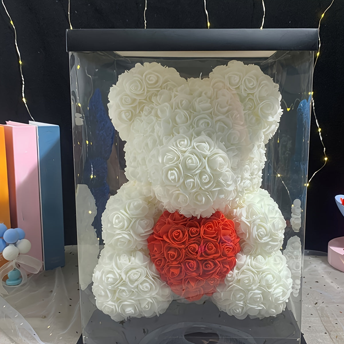 Charming 22.86cm Artificial Rose Teddy Bear Gift with Heart - Perfect for Valentine's, Birthdays & Anniversaries - Includes Transparent Gift Box