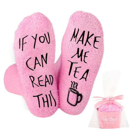 Novelty Tea Request Fluffy Slipper Socks, 1 Pair - Cozy Polyester Blend Fuzzy Socks with Funny Message, Non-Feathered, Electricity-Free, Comfort Lounge Wear for Tea Lovers - Ideal Birthday, Christmas Gifts for Women