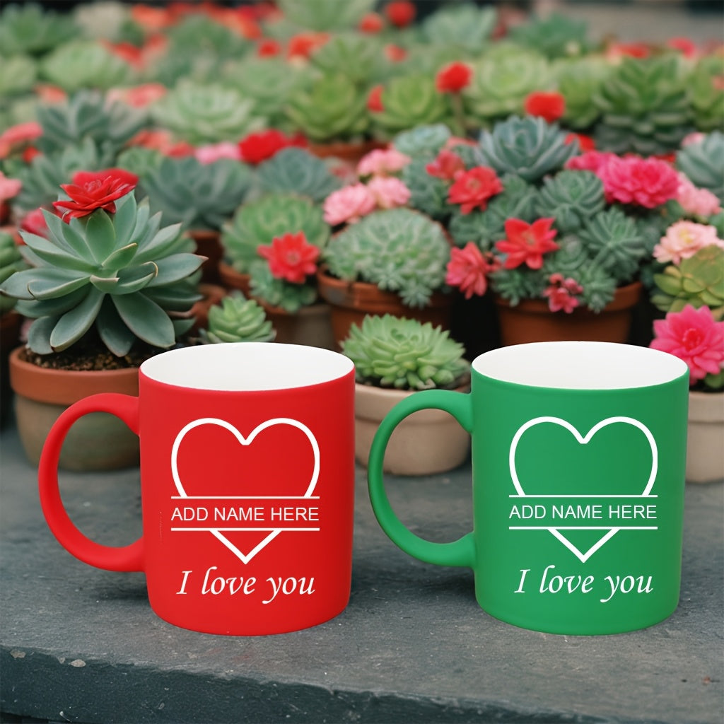 2pcs Personalized Heart Ceramic Mugs - 11oz Insulated Coffee & Tea Cups, Custom Name "I Love You" Design, Perfect for Couples, Valentine’s Day, Christmas, Family Gatherings, Hand Wash Only