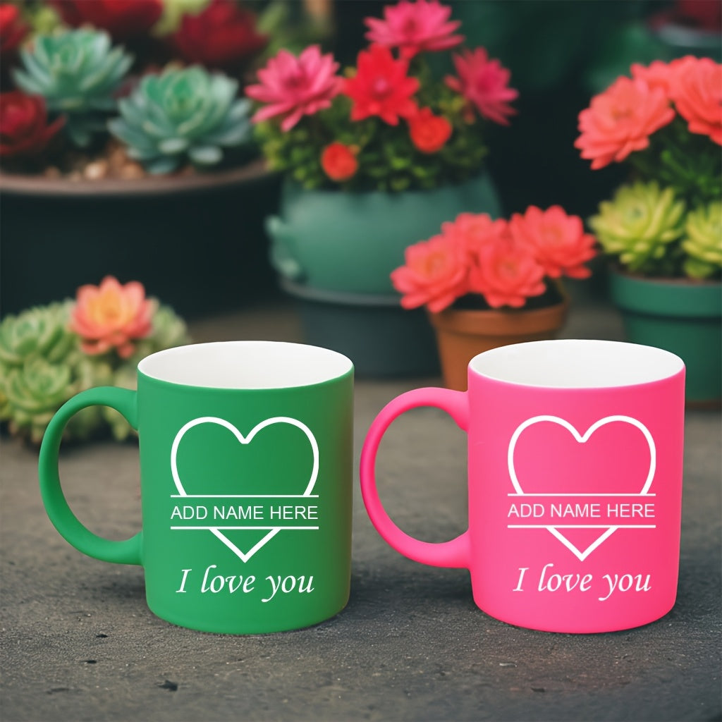 2pcs Personalized Heart Ceramic Mugs - 11oz Insulated Coffee & Tea Cups, Custom Name "I Love You" Design, Perfect for Couples, Valentine’s Day, Christmas, Family Gatherings, Hand Wash Only