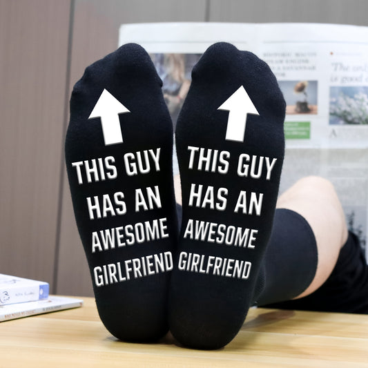 1 Pair Valporia Cotton Blend Novelty Calf Socks for Men, Non-Slip Silicone Alphabet Print, Knit Fabric, 80% Cotton 15% Acrylic 5% Spandex, Machine Washable, with "This Guy Has an Awesome Girlfriend" for Boyfriend, Husband, An