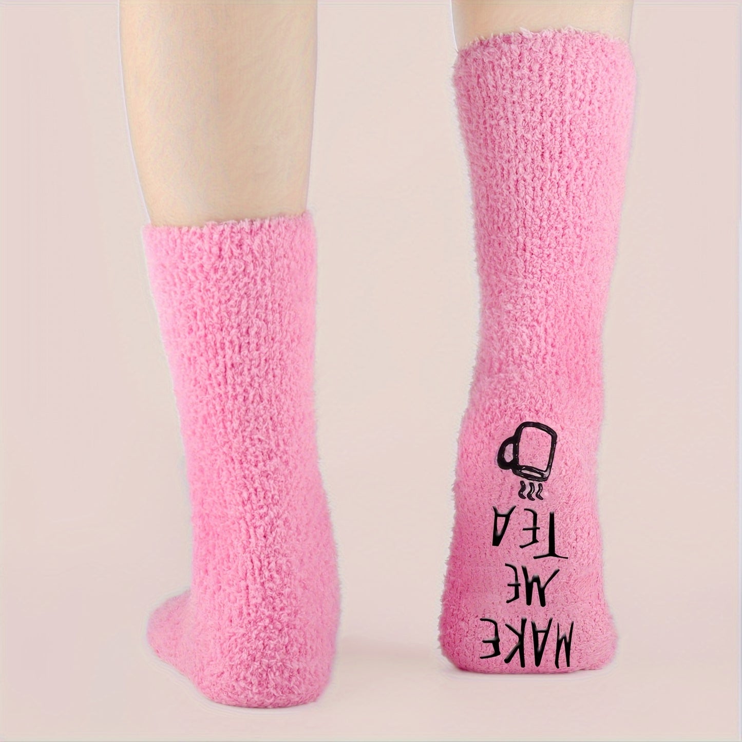 Novelty Tea Request Fluffy Slipper Socks, 1 Pair - Cozy Polyester Blend Fuzzy Socks with Funny Message, Non-Feathered, Electricity-Free, Comfort Lounge Wear for Tea Lovers - Ideal Birthday, Christmas Gifts for Women