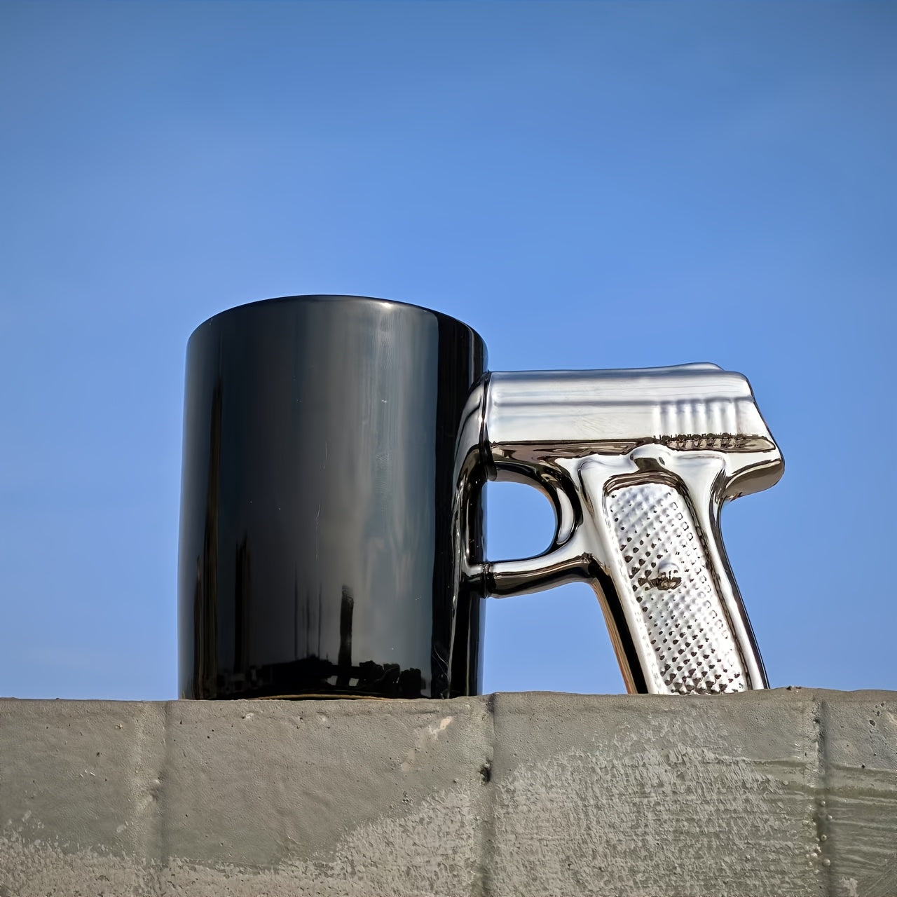 Unique Pistol-Shaped Ceramic Coffee Mug - Black with Golden Accents, Textured Grip, Reusable & Compostable, Ideal for Hot or Cold Beverages, Beverage Holder|Stylish Drinkware|Ceramic Mug, Coffee Bar Accessories