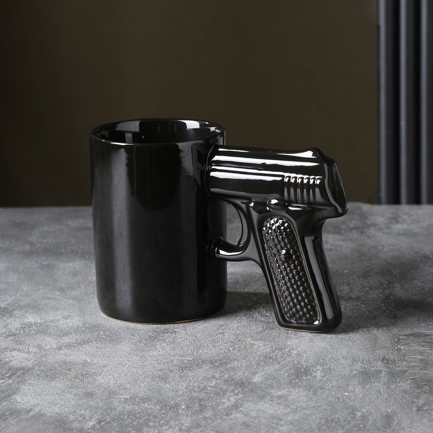 Unique Pistol-Shaped Ceramic Coffee Mug - Black with Golden Accents, Textured Grip, Reusable & Compostable, Ideal for Hot or Cold Beverages, Beverage Holder|Stylish Drinkware|Ceramic Mug, Coffee Bar Accessories