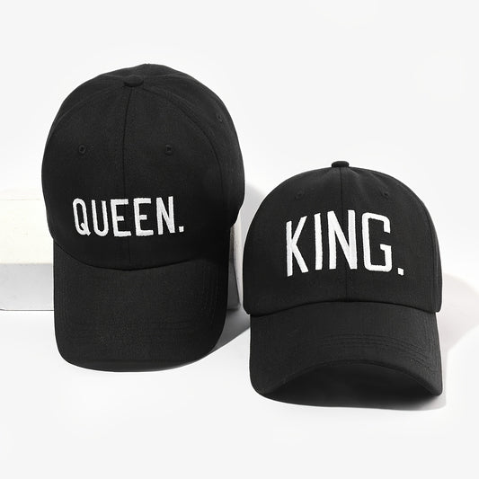 King & Queen Embroidered Couple Baseball Caps Set of 2, Fabric 100%, Adjustable Buckle Closure, Sun Protection Holiday Theme Unisex Hats