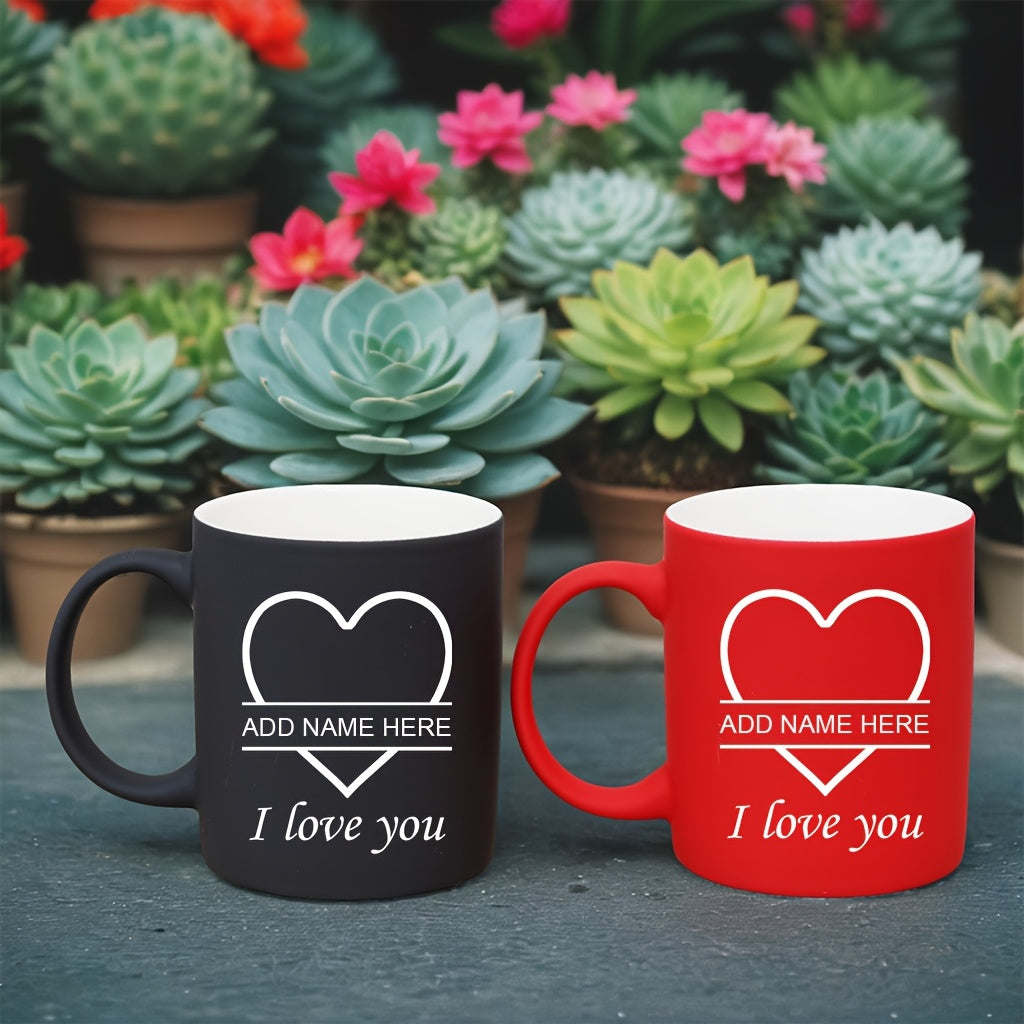 2pcs Personalized Heart Ceramic Mugs - 11oz Insulated Coffee & Tea Cups, Custom Name "I Love You" Design, Perfect for Couples, Valentine’s Day, Christmas, Family Gatherings, Hand Wash Only