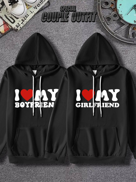 Couple'S Matching Hoodies, "I Love My Boyfriend/Girlfriend" Print, Casual Polyester Knit Fabric, Slight Stretch, Regular Fit, Fall/Winter Warmth, 100% Polyester