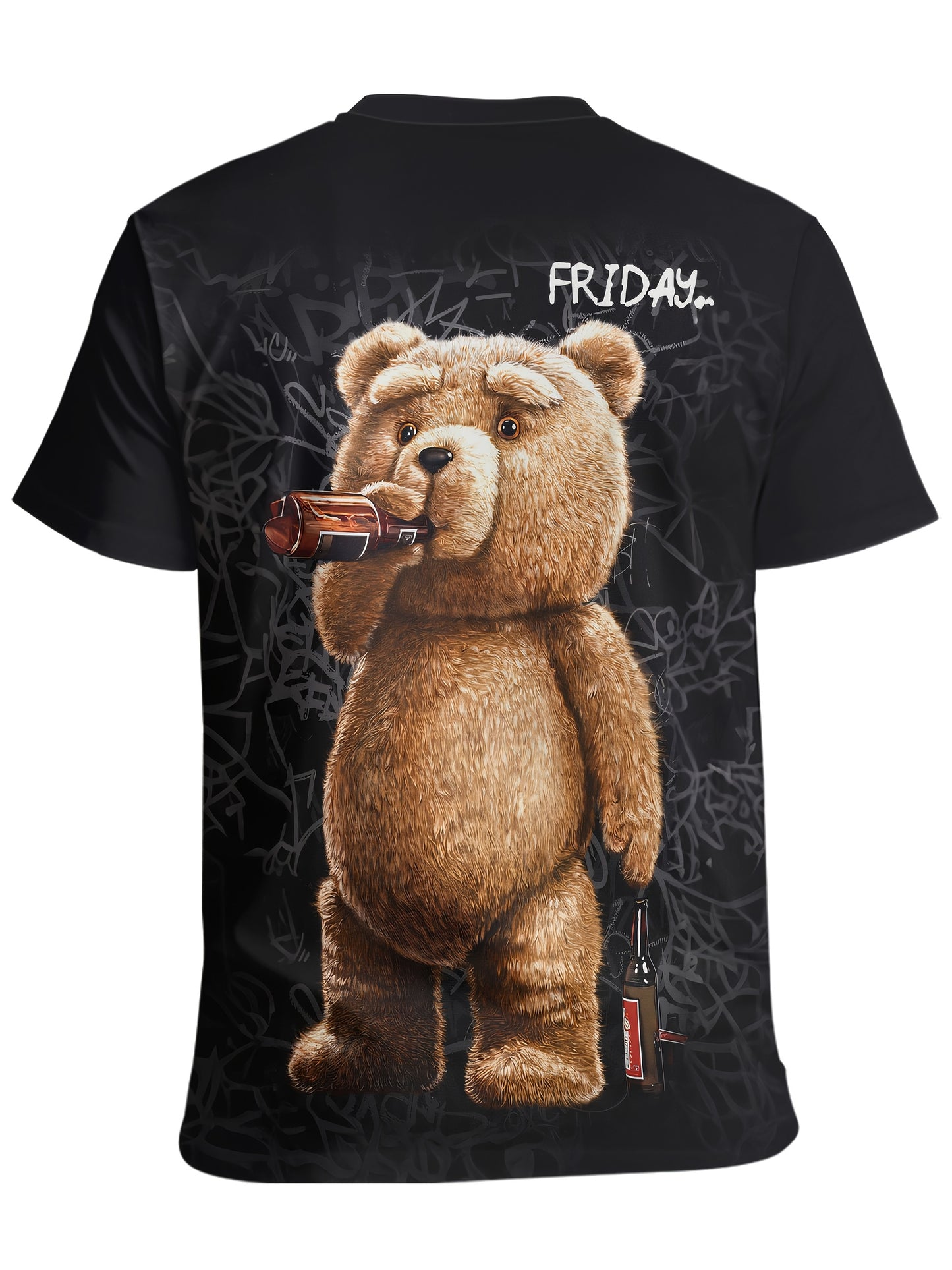 Men'S Funny Cartoon Bear Print T-Shirt, 100% Polyester Knit Fabric, Casual Crew Neck Tee with Slight Stretch, Regular Fit - Black