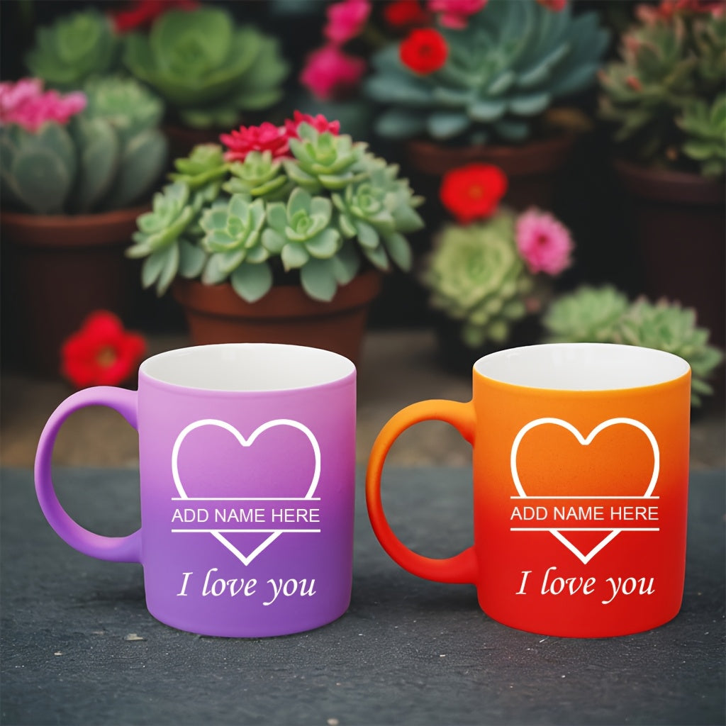 2pcs Personalized Heart Ceramic Mugs - 11oz Insulated Coffee & Tea Cups, Custom Name "I Love You" Design, Perfect for Couples, Valentine’s Day, Christmas, Family Gatherings, Hand Wash Only