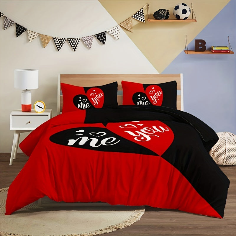 3pcs Couple Black and Red Love Romantic Print Quilt Cover Set