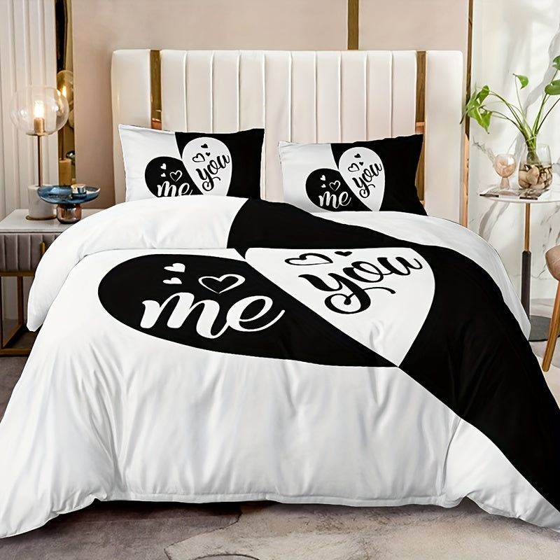 3pcs Couple Black and Red Love Romantic Print Quilt Cover Set