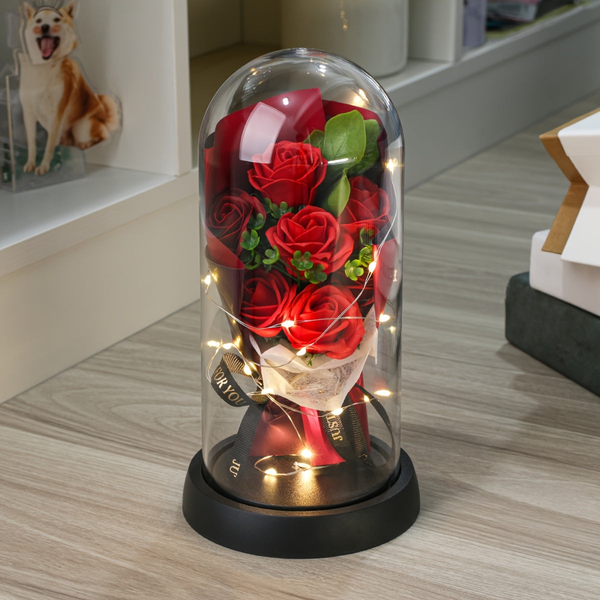 1pc Eternal Rose LED Dome Decor – Romantic Red Artificial Flower Bouquet with Warm White Lighting, Perfect for Valentine’s Day, Birthdays & Anniversaries, Battery Operated (AAA), Holiday Decor Item | Sleek Modern Vase | B