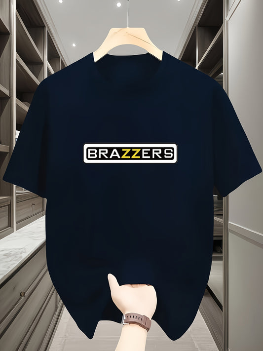 Men'S Casual Summer T-Shirt with "BRAZZERS" Graphic Print - White, Round Neck, Polyester, Lightweight & Breathable for Outdoor Activities, Outdoor Clothing | Graphic Tee | Comfortable Fit, PLUS SIZE