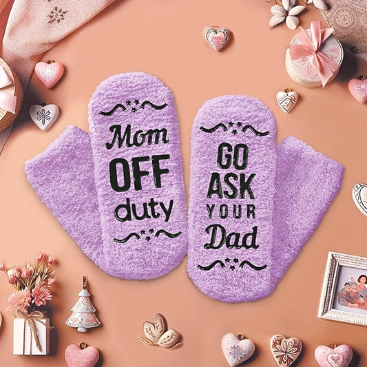 1 Pair "Mom Off Duty, Go Ask Your Dad" Funny Socks - Cozy Polyester Knit, Machine Washable - Perfect Gift for Mother's Day, Christmas, Birthdays from Daughter or Son, Casual Clothing|Decorative Typography|Plush Knit Socks