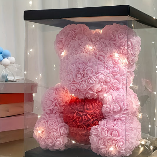 Charming 22.86cm Artificial Rose Teddy Bear Gift with Heart - Perfect for Valentine's, Birthdays & Anniversaries - Includes Transparent Gift Box