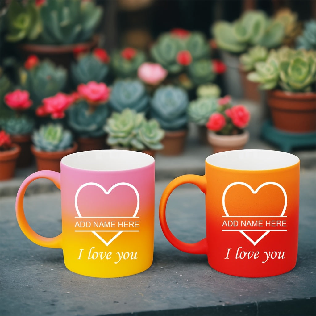 2pcs Personalized Heart Ceramic Mugs - 11oz Insulated Coffee & Tea Cups, Custom Name "I Love You" Design, Perfect for Couples, Valentine’s Day, Christmas, Family Gatherings, Hand Wash Only