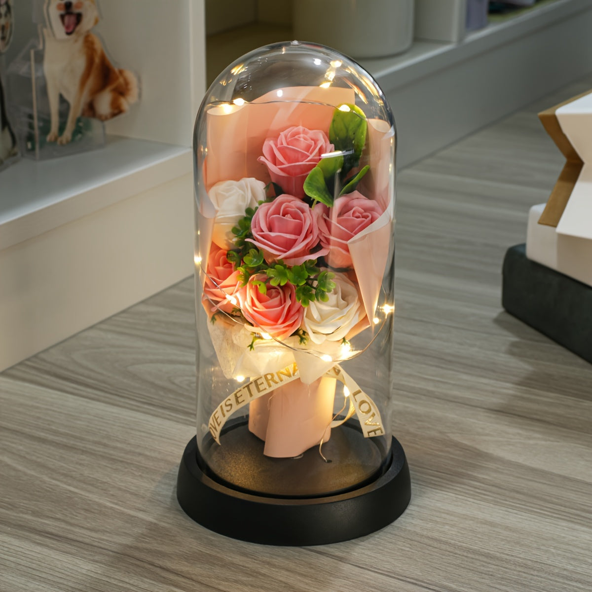 1pc Eternal Rose LED Dome Decor – Romantic Red Artificial Flower Bouquet with Warm White Lighting, Perfect for Valentine’s Day, Birthdays & Anniversaries, Battery Operated (AAA), Holiday Decor Item | Sleek Modern Vase | B