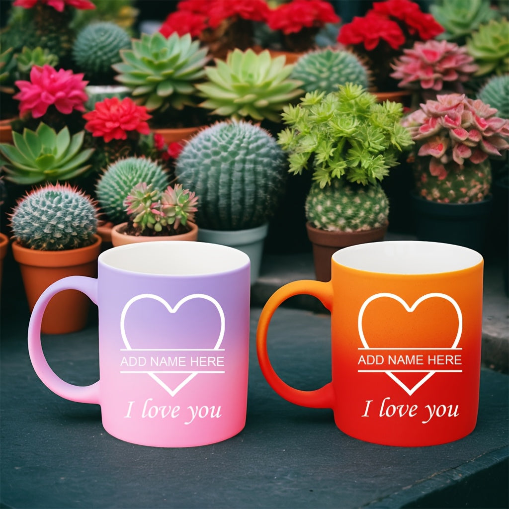 2pcs Personalized Heart Ceramic Mugs - 11oz Insulated Coffee & Tea Cups, Custom Name "I Love You" Design, Perfect for Couples, Valentine’s Day, Christmas, Family Gatherings, Hand Wash Only