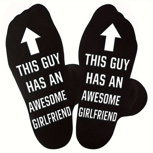 1 Pair Valporia Cotton Blend Novelty Calf Socks for Men, Non-Slip Silicone Alphabet Print, Knit Fabric, 80% Cotton 15% Acrylic 5% Spandex, Machine Washable, with "This Guy Has an Awesome Girlfriend" for Boyfriend, Husband, An